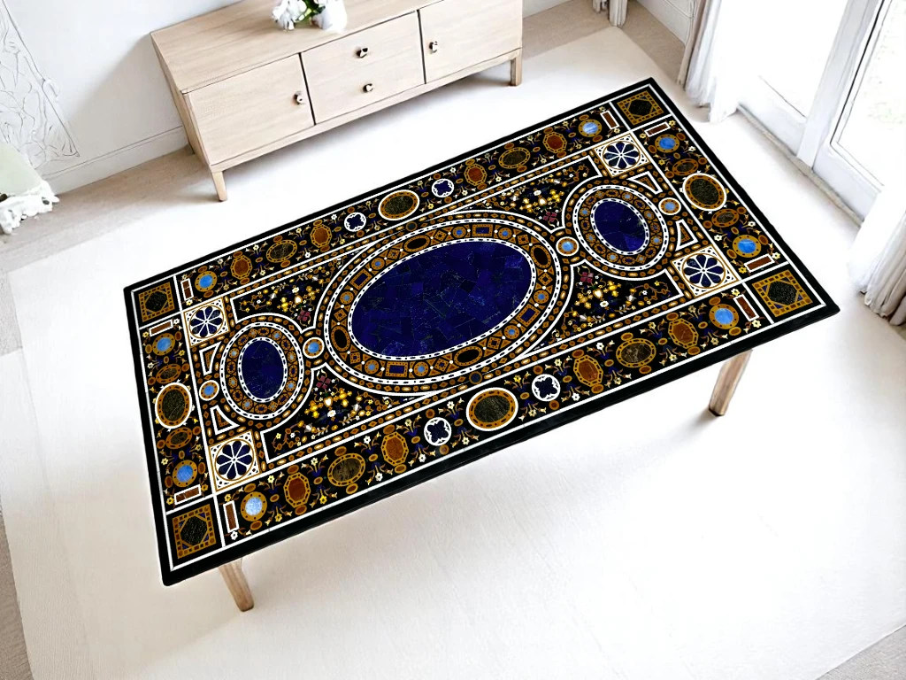 Black Marble Dining Table for Dining Room - Pietradura Mughal Era Inspired Modern Art